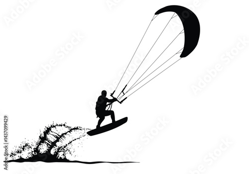 Kiteboarding silhouette. This image shows a person kiteboarding, also known as kitesurfing, with a kite and board, creating a dynamic and exciting scene. Vector clipart illustration design.