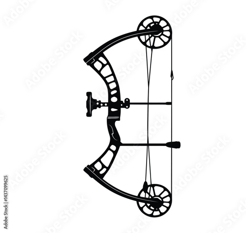 Compound bow silhouette. This image shows a black silhouette of a compound bow, a modern type of bow used in archery and hunting, featuring cams and a riser. Vector clipart illustration design.