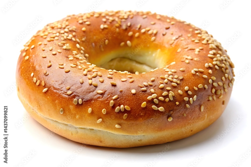 A close up of a golden brown bagel sprinkled with sesame seeds on a white background surface top. fast food, Photos, Standard Content, isolated Assets, isolated, Horizontal,
A close up of a golden brown bagel sprinkled with sesame seeds on a white background surface top. fast food, Photos, Standard Content, isolated Assets, isolated, Horizontal,