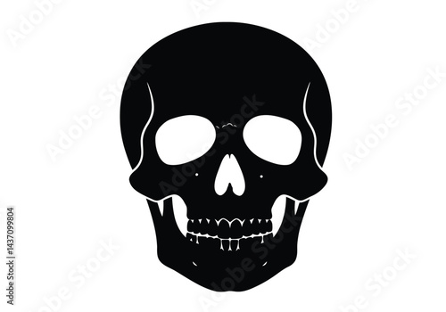Silhouette of skull. This image shows a black silhouette of a human skull with prominent features such as eye sockets, nose cavity, and teeth. Vector clipart illustration design.