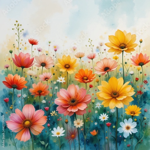 Abstract colorful field of watercolor flowers