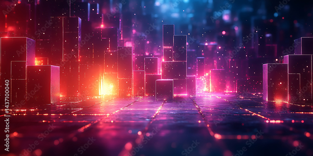 Fototapeta premium Abstract geometric cityscape with neon lights and bokeh futuristic data network background glowing buildings and reflections modern digital art backdrop for technology or creative projects