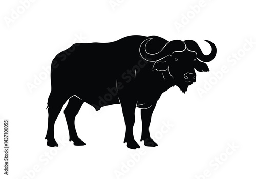 African buffalo silhouette. This image showcases a black silhouette of an African buffalo, also known as Cape buffalo, with large curved horns and a muscular frame. Vector clipart illustration design.