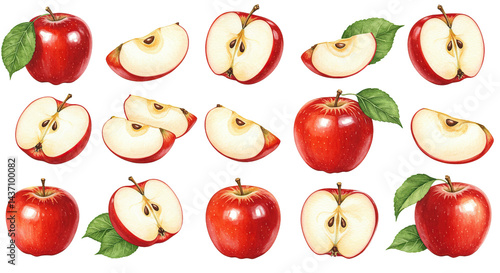 Red Apple Watercolor Illustration Set Whole Slices
