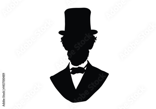 Abraham Lincoln silhouette. This image shows a black silhouette of Abraham Lincoln wearing a top hat and formal suit, representing his iconic historical figure. Vector clipart illustration design.