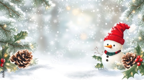 Charming Winter Scene Featuring a Smiling Snowman in a Red Hat Surrounded by Pine Cones and Holly