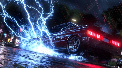 Dynamic Sports Car with Lightning in Rainy Night Scene