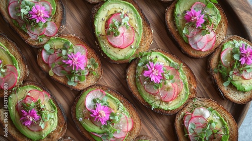 Freshly prepared avocado toast bites garnished with flowers and radishes.