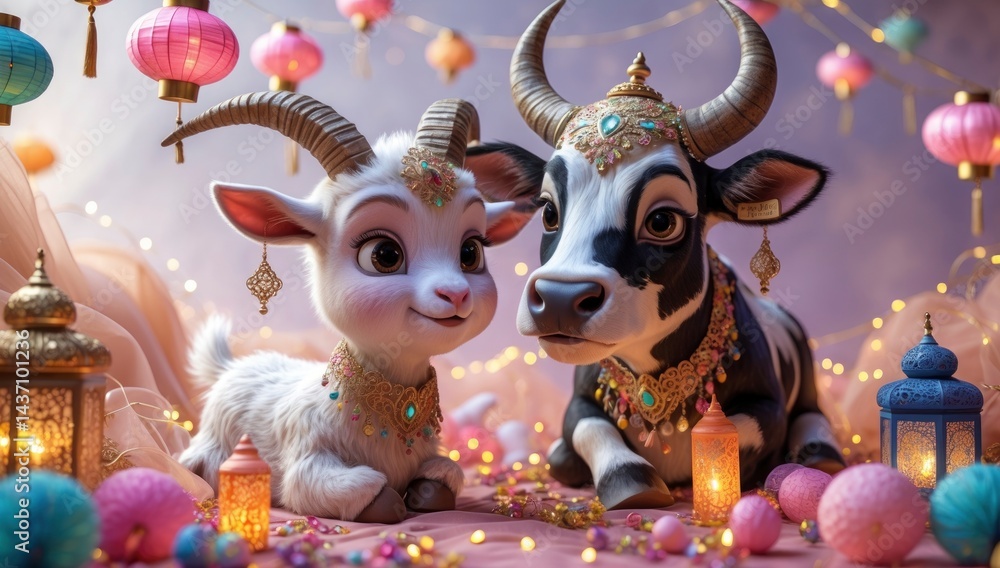 Fototapeta premium Adorable cartoon goat and cow, adorned with jewels and surrounded by lanterns and soft lighting,