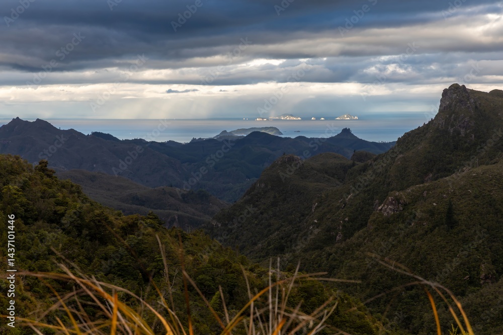 Naklejka premium Coromandel Forest Park view of the Pinnacles, a popular hiking destination, with the islands of the Hauraki Gulf in the distance, New Zealand.