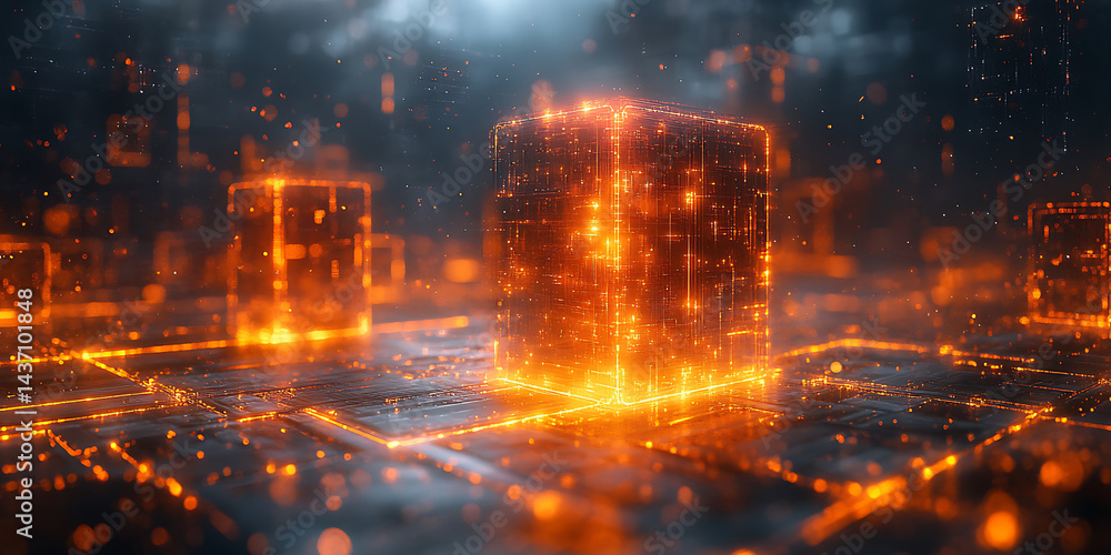 Fototapeta premium Abstract glowing orange data cube representation network technology digital innovation artificial intelligence quantum computing advanced system illustration