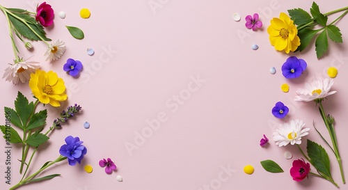 Design modern spring greeting card background artistic flat lay arrangement of flowers leaves forming symmetrical floral pattern copy space perfect stylish seasonal designs nature-inspired decorative