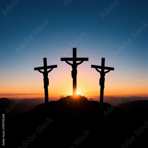 Wallpaper Mural Christian Easter concept. Resurrection of Jesus Christ. Silhouette of three crosses on mountain summit. Torontodigital.ca