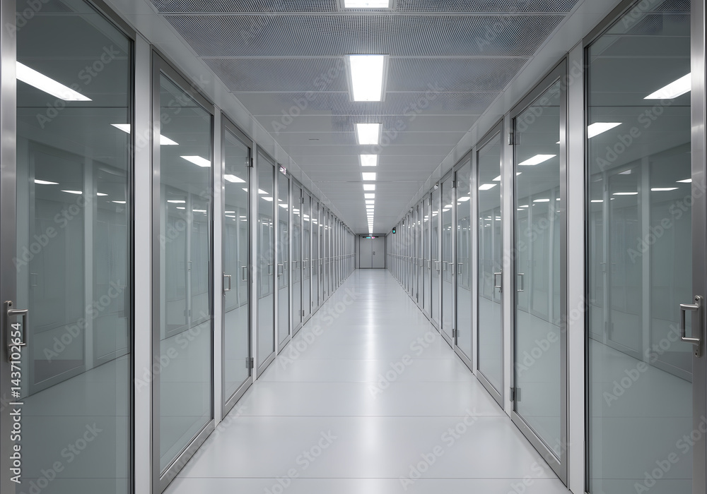 Fototapeta premium A long, white office corridor with stainless steel doors, glass walls, lighting on the ceiling. The interior of an industrial building or data center is minimalist in style.