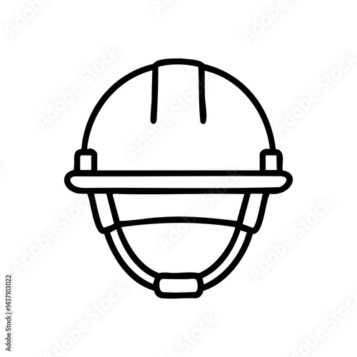 Minimalist line icon of a safety helmet with chin strap, representing head protection, industrial safety, and workplace security measures.
