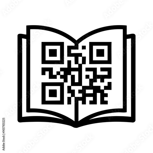 Minimalist black and white illustration of a QR code placed on an open book, symbolizing digital learning, online education, smart books, and interactive reading experiences.