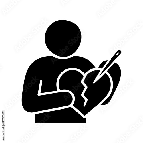 Minimalist black and white illustration of a person stitching a broken heart, symbolizing emotional healing, recovery after heartbreak, self-repair, and mental health resilience.