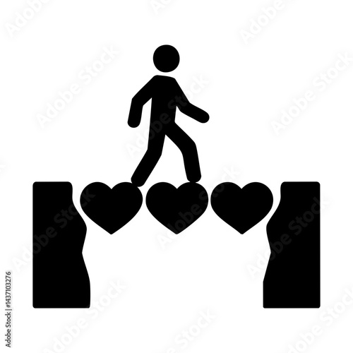 Minimalist black and white illustration of a person walking across a bridge made of hearts, symbolizing emotional growth, healing journey, and overcoming relationship struggles.