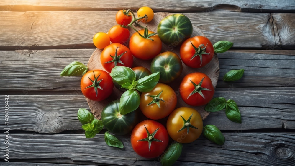 Fresh tomatoes and basil on wooden table Fresh tomatoes and basil on wooden table