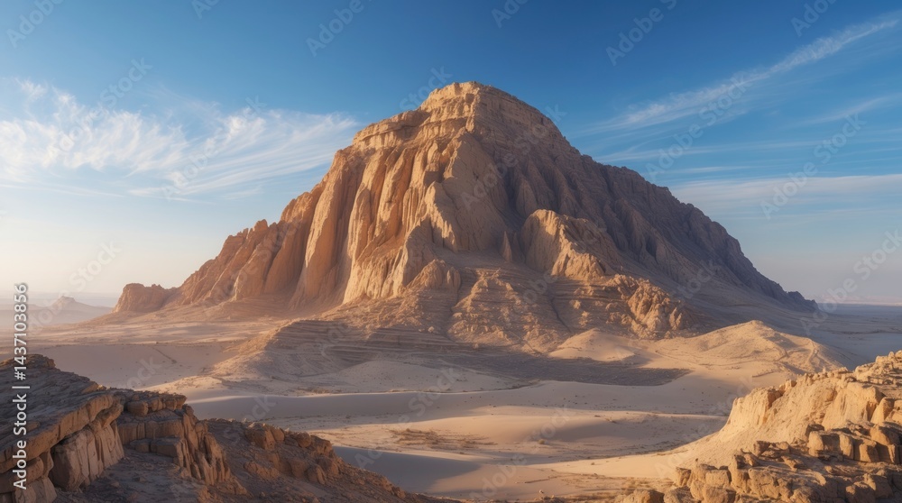 Naklejka premium Vast desert landscape featuring a massive, sculpted mountain under a blue sky with wispy clouds at