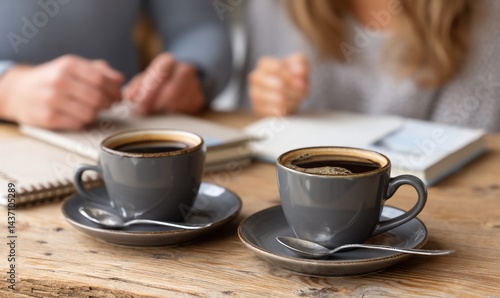 Two cups of coffee on a wooden table, people in a cafe, discussion or work meeting, likely for a business or lifestyle image