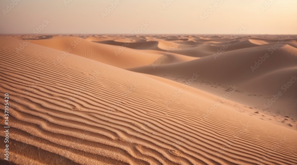Warm golden light illuminates the undulating patterns of sand dunes in a vast desert landscape. Warm golden light illuminates the undulating patterns of sand dunes in a vast desert landscape.