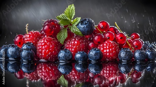 Vibrant Organic Blueberries and Red Berries on Black Table Surface