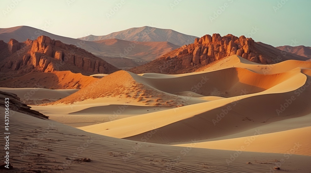 Fototapeta premium Vast desert landscape features rolling sand dunes and rocky formations in warm, soft, golden light