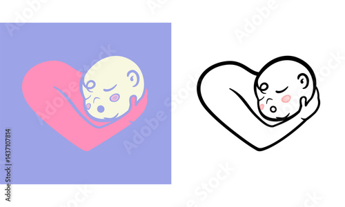 Cute Baby logo design template. Motherhood vector symbol. Line Drawing of Mother hug toddler or little child. Badges for children store and baby care center. Happy mother day.