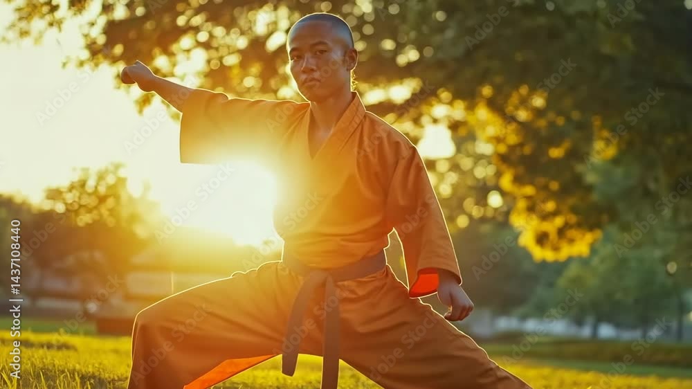 Martial arts at sunrise: dynamic kung fu form in tranquil park setting