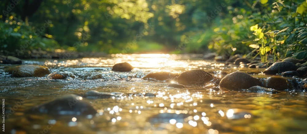 Obraz premium Forest Creek Sunlight, Calm River Flow, Nature Background, Stock Photo