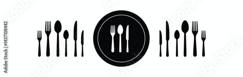 Plate, fork and knife for apps and websites. Dinner service - stock vector.