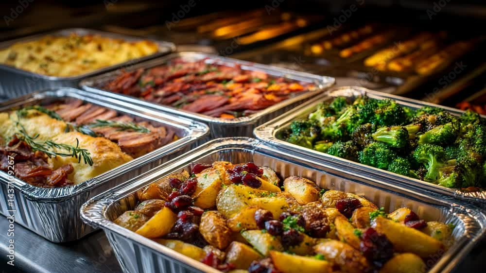 Catering trays of holiday foods, featuring potatoes, broccoli, ham ...