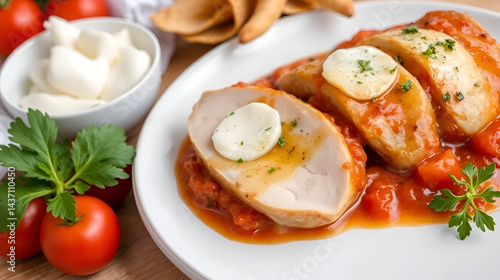 Poulet cuit dans une Sauce tomate, Parmesan et Mozzarella
