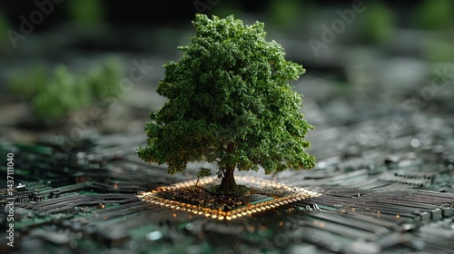 Green trees sprout from circuit boards that light. Tech-nature connection, advancement, and development are futuristic concepts. Generative Ai