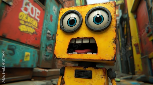 A surprised, yellow box-shaped robot in a grimy alleyway