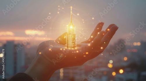 5G tower in hand with gold color, fifth generation mobile communications, Wi-Fi and telecommunications antennas