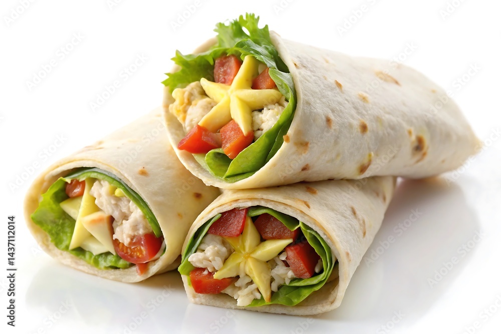 A stack of three wraps filled with lettuce tomato chicken and yellow star shaped vegetable fast food, Photos, Standard Content, isolated Assets, isolated, Horizontal, A stack of three wraps filled with lettuce tomato chicken and yellow star shaped vegetable fast food, Photos, Standard Content, isolated Assets, isolated, Horizontal,
