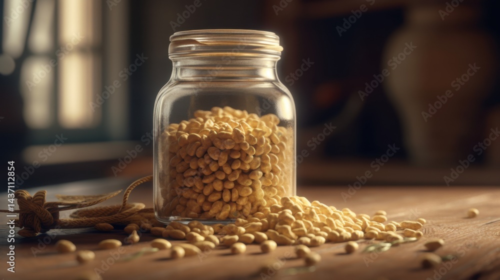 Small jar of light brown grains or spice close up photography Small jar of light brown grains or spice close up photography