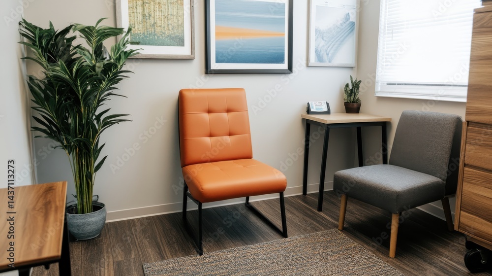 Fototapeta premium Modern Minimalist Interior Design with Comfortable Seating and Indoor Plants in Bright Room