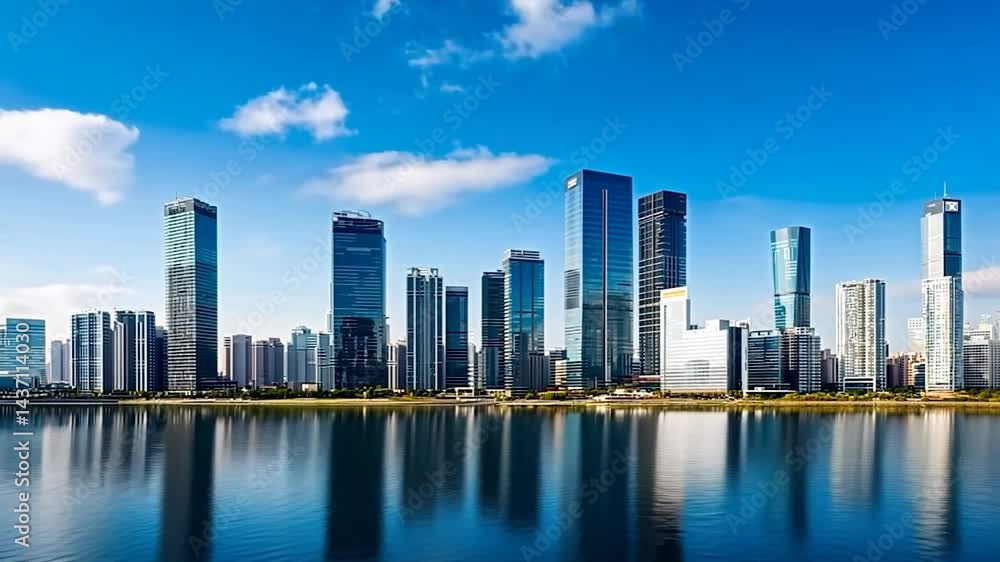 A skyline of modern skyscrapers reflecting in a calm body of water under a blue sky. A skyline of modern skyscrapers reflecting in a calm body of water under a blue sky.