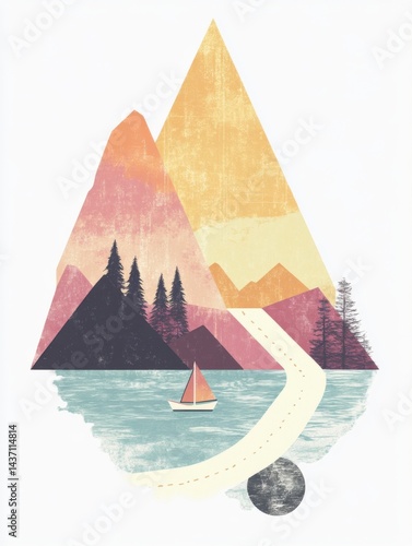 Abstract vector landscape art featuring a road to mountains with ocean and boat on the left, geometric sunset sky