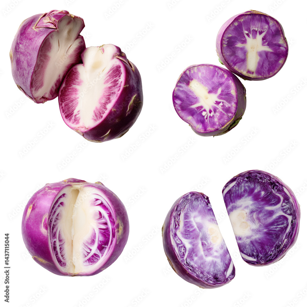 Fototapeta premium Purple Kohlrabi Halves, Cut Out, White Background