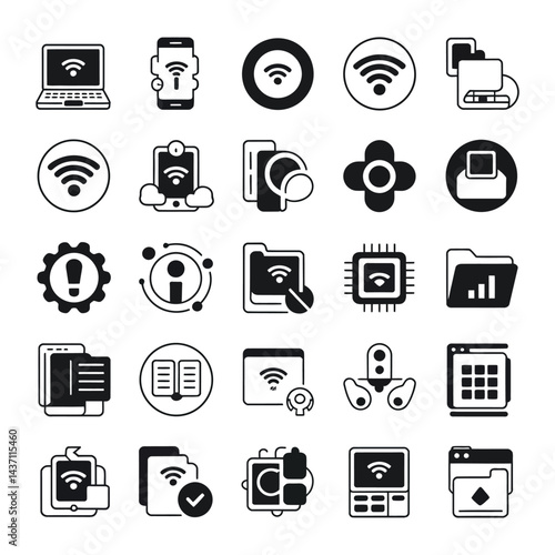 This set of computer icons, a vector illustration, includes symbols for web, camera, business, sign, video, money, internet, phone, technology, music, laptop, communication, media, finance, pictogram,