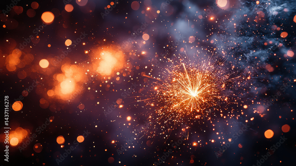 A burst of golden fireworks explodes against a backdrop of dark violet bokeh, symbolizing the arrival of the New Year. The vibrant colors and intricate details create a festive and abstract A burst of golden fireworks explodes against a backdrop of dark violet bokeh, symbolizing the arrival of the New Year. The vibrant colors and intricate details create a festive and abstract