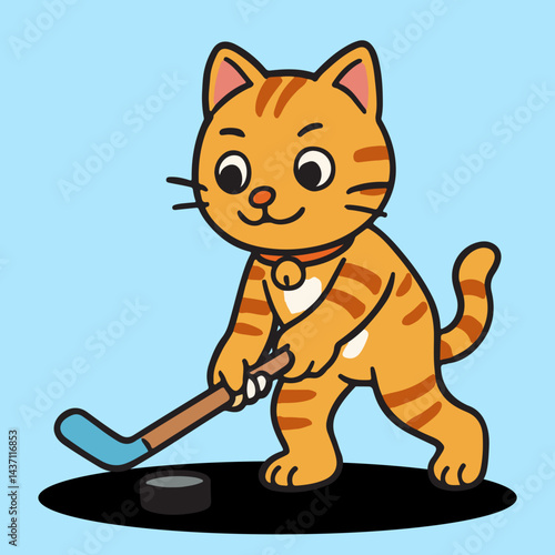 vector cartoon of cute chibi orange cat sport mascot hockey