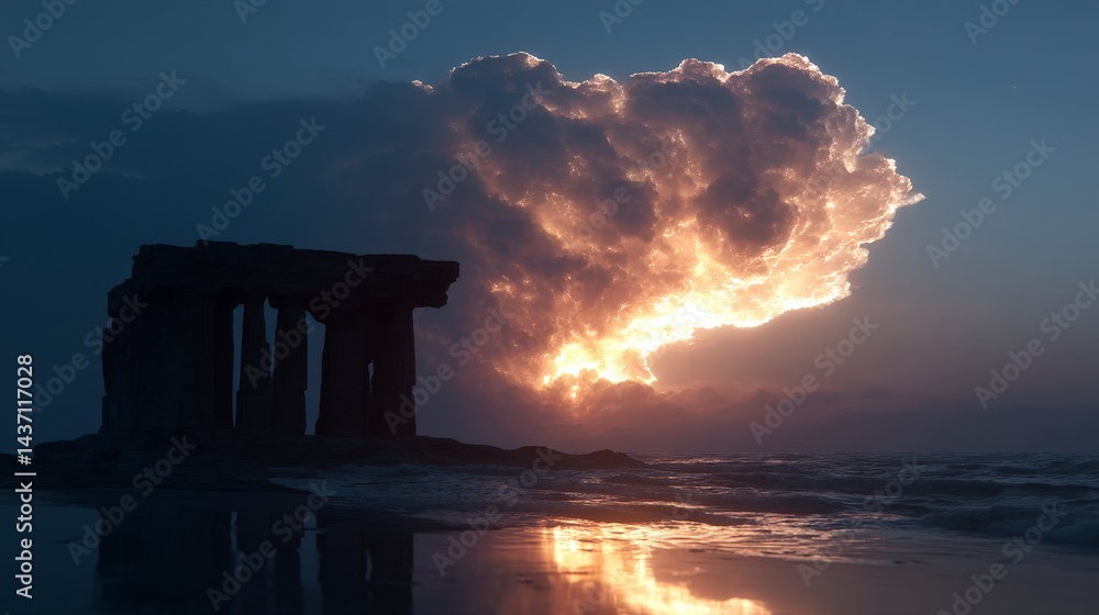 Fototapeta premium Dramatic Sunset Over Ancient Ruins by the Sea Coastal Landscape Photography