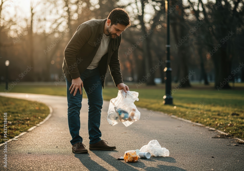 A man picking up trash from the ground in a park. Environmental pollution problem, recycling, and cleanup concept for Earth day or ecological projects.