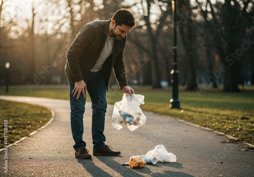 Obraz na płótnie A man picking up trash from the ground in a park. Environmental pollution problem, recycling, and cleanup concept for Earth day or ecological projects. w salonie