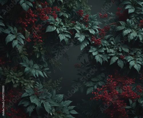 Intricate dark foliage, rich emerald & ruby tones , print, leaves